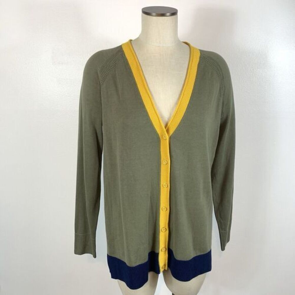 Talbots Womens Sweater Olive Green Yellow Girlfriend Cardigan V-Neck Medium
